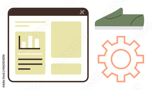 Analytics dashboard window with data, gear for settings, and shoe symbolizing e-commerce. Ideal for business, technology, data management, online shopping, workflow customization innovation. Clean