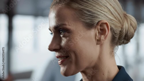 Wallpaper Mural Profile of smiling adult woman with blond hair, wearing a suit indoors, business concept. Torontodigital.ca