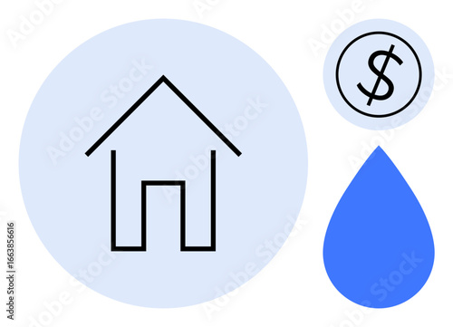 House outline in blue circle, blue water droplet, and dollar coin highlight resource management, home ownership, and sustainability. Ideal for environment, finance, savings, energy housing minimal