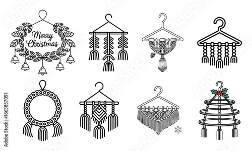 Minimal Boho Macrame Hangers Christmas Icon Set Line Art