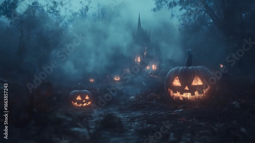 Haunted pumpkin patch illuminated by glowing jack-o'-lanterns near an eerie castle on Halloween night