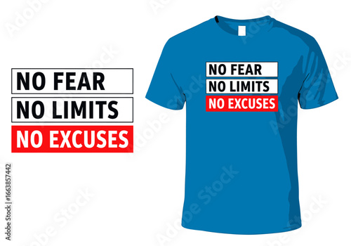 Motivational Slogan T-Shirt Design Featuring No Fear No Limits No Excuses Text in Bold Rectangular Blocks