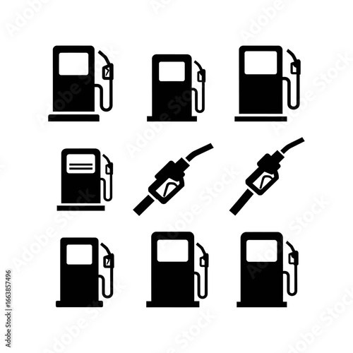 Collection of stylized icons depicting fuel pumps and dispensing nozzles in a clean modern design perfect for automotive and energy related projects
