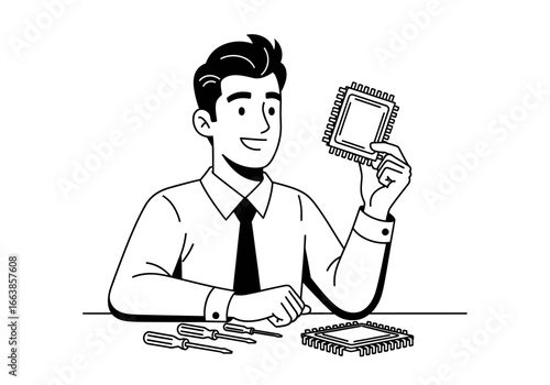 Skilled Technician Carefully Examining and Holding a Computer Processor Chip While Working at a Desk with Tools and Components Spread Out in a Clean and Organized Workspace Illustration