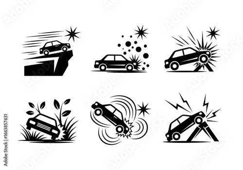 Collection of Six Stylized Icons Depicting Various Types of Automotive Accidents and Mishaps Illustrating Road Safety and Vehicle Dynamics