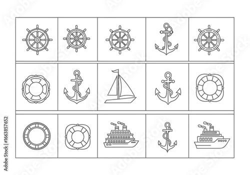 Collection of Nautical Themed Icons Featuring Ships Anchors Steering Wheels and Life Preservers for Maritime Design Projects