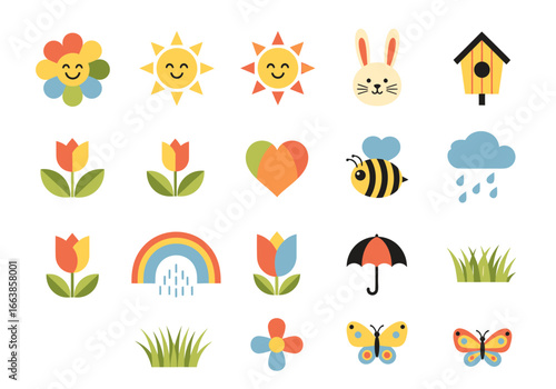 A Cheerful Collection of Springtime Icons Featuring Flowers Sunshine Rainbows Bunnies Bees Butterflies and Weather Elements for Graphic Design and Decoration