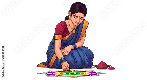 Indian woman in a blue saree making a colorful rangoli on a transparent background png