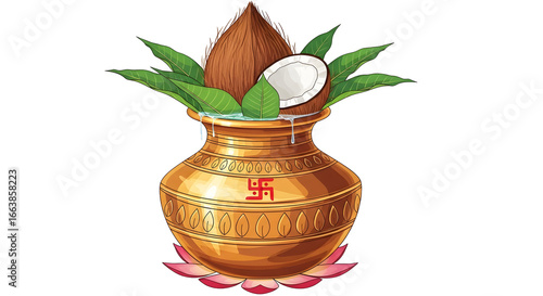 Auspicious hindu puja kalash with coconut and a swastika symbol on a transparent background png