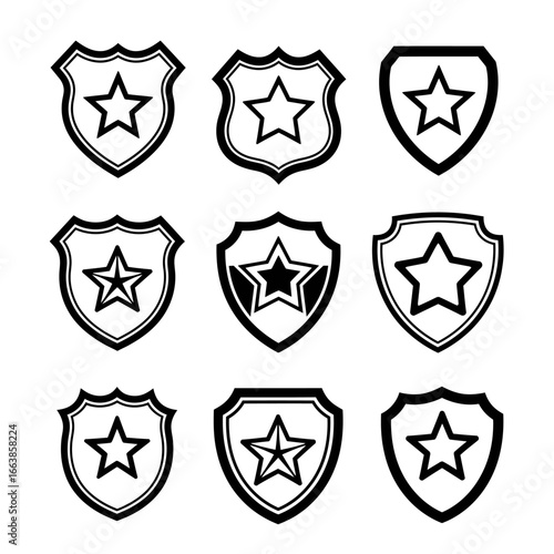 Collection of Star Shield Emblems Featuring Different Designs and Styles for Use in Graphic Design Projects and Visual Identity Applications