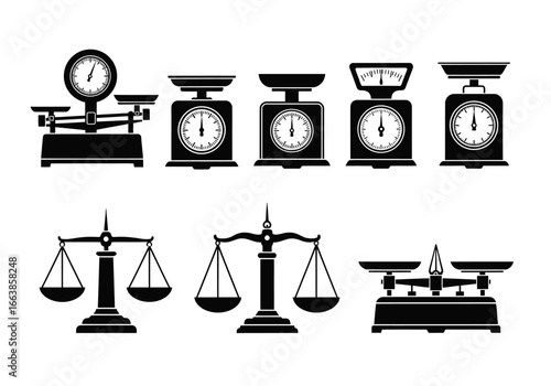 Collection of Various Types of Scales for Measuring Weight and Balance Featuring Different Designs and Mechanisms for Accurate Measurement