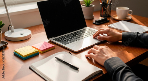 Hands Working on a Laptop on a Wooden Desk