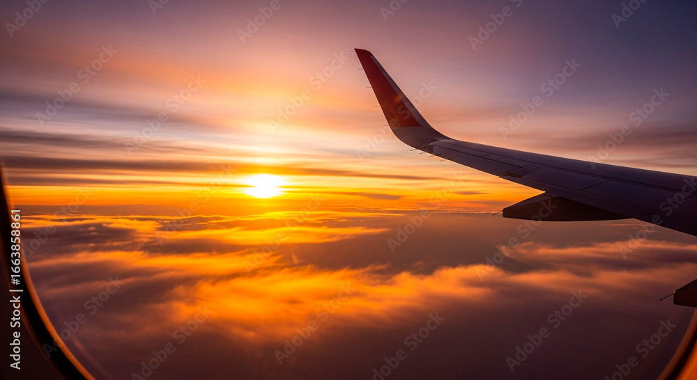 Fototapeta premium Sunrise Flight Through the Clouds, Aerial View from Plane Window