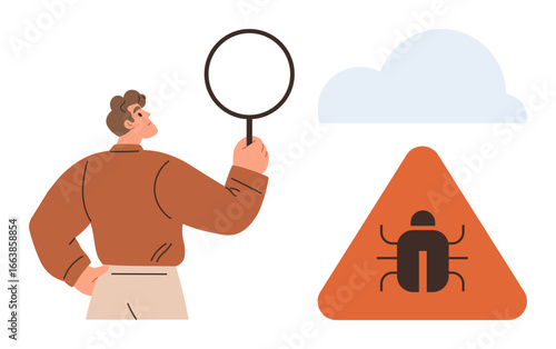Man holding magnifying glass examining bug inside warning sign next to cloud shape. Ideal for cybersecurity, software testing, data analysis, problem-solving, technology issues, risk management