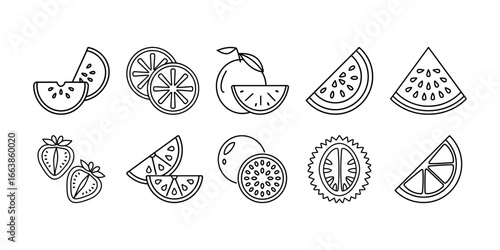 Set of outlined fruits in wedge and half form. Includes watermelon slices, orange wedges, lime halves, cut strawberries, passion fruit interior, and citrus sections and more.