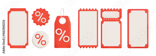 3D set of red and white discount coupons, tickets, labels and percent signs isolated on background, minimal promotion icons for sales, vouchers, shopping and advertising design