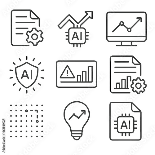 AI Insight Icons. Line style icons of automated insights generation: auto-summary icon, AI-generated trend, automatic chart icon,