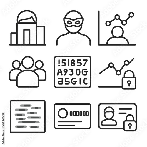 Anonymized Data Icons. Line style icons of anonymized data visualization: hidden profile bar chart, mask over user icon,