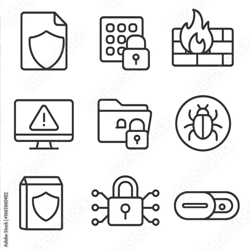 Cybersecurity Line Icons. Line style icons of cybersecurity and digital safety: shield over file icon, password keypad lock,