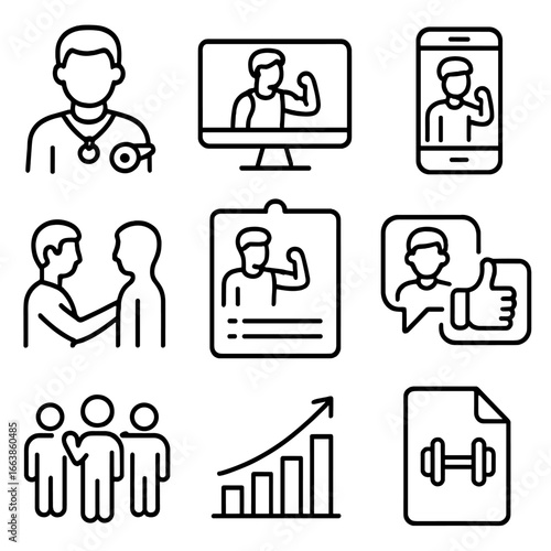 Personal Training Icons. Line style icons of personal training and coaching: trainer with whistle, guided workout screen, virtual