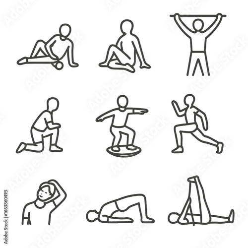 Mobility Training Icons. Line style icons of mobility and recovery training: foam rolling legs, hip opener pose, shoulder mobility