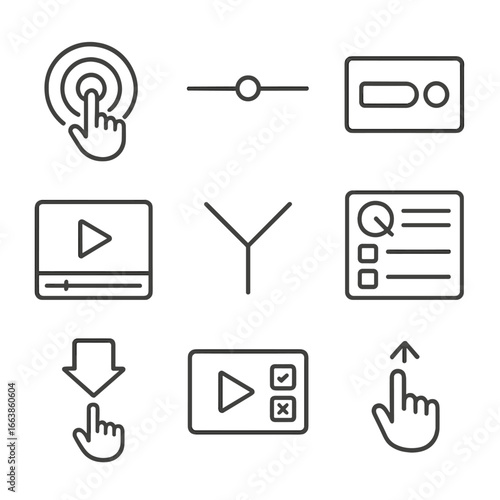Interactive Media Icons. Line style icons of interactive media elements: clickable hotspot icon, interactive timeline bar, slide