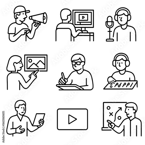 Creative Industry Icons. Line style icons of creative industry roles in multimedia: filmmaker directing, editor at desk, voice