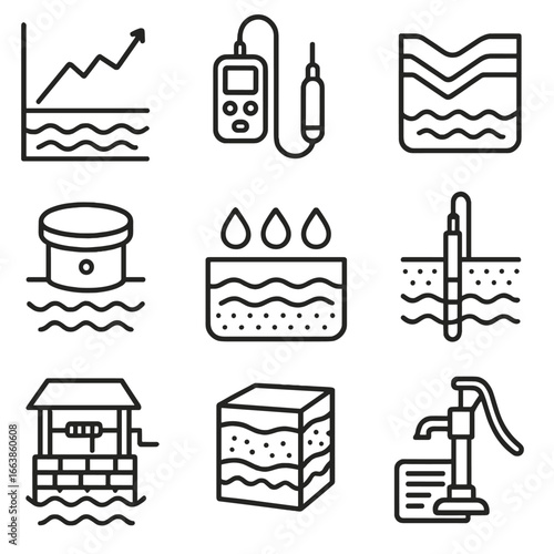 Groundwater Icon Set. Line style icons of groundwater and well data: groundwater level chart, well monitor tool, aquifer mapping