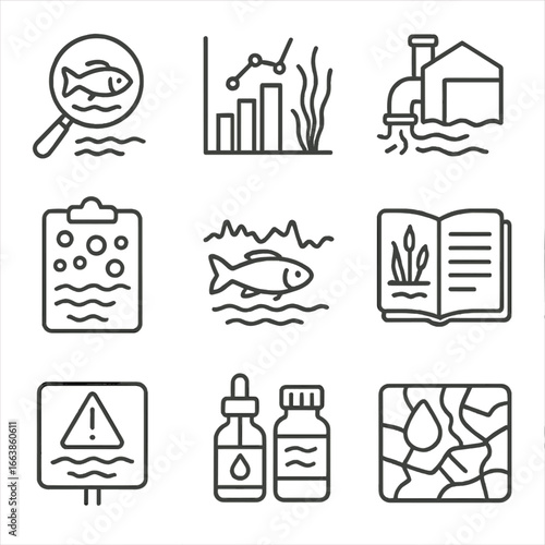 Environmental Impact Icons. Line style icons of environmental water impact studies: aquatic life analysis icon, habitat data chart