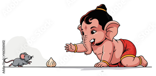 Cute baby Lord Ganesha crawling for a modak sweet vector illustration