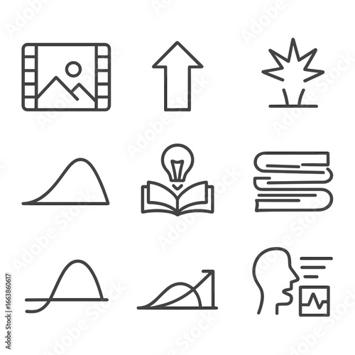 Storytelling Elements Icons. Line style icons of storytelling through multimedia: intro scene frame, rising action arrow, climax