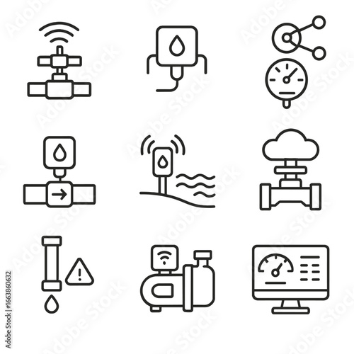 Smart Water System Icons. Line style icons of sensor-based water systems: smart valve icon, IoT water node, connected gauge reader