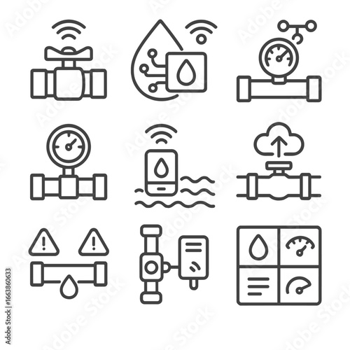 Smart Water System Icons. Line style icons of sensor-based water systems: smart valve icon, IoT water node, connected gauge reader