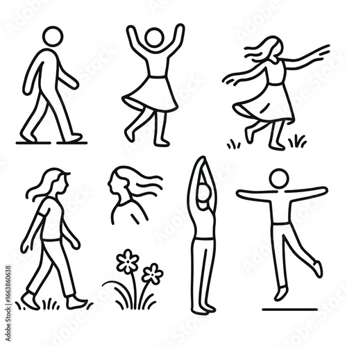 Relaxed Movement Icons. Line style icons of relaxed movement: slow walking icon, easy dancing with arms up, twirling skirt motion,