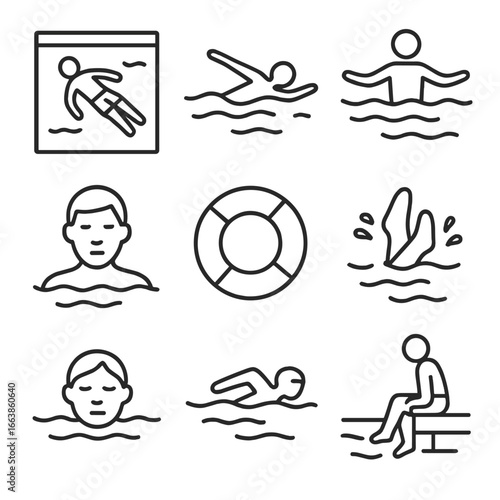 Floating Water Relaxation Icons. Line style icons of floating and water relaxation: person floating in pool, backstroke glide,