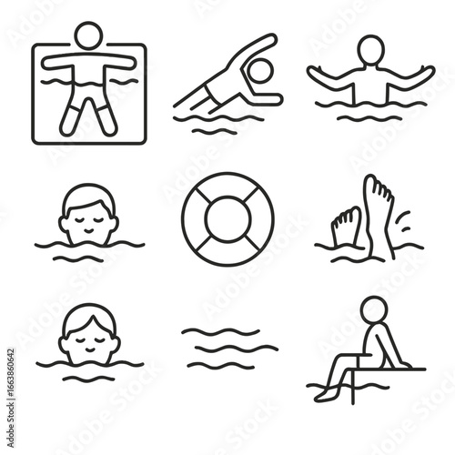 Floating Water Relaxation Icons. Line style icons of floating and water relaxation: person floating in pool, backstroke glide,