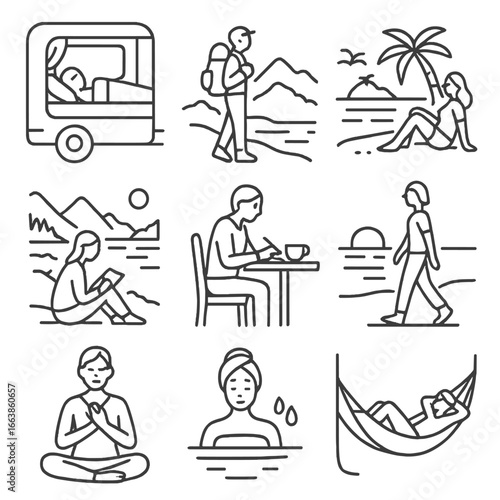 Solo Getaway Icons. Line style icons of solo getaway relaxation: person in camper van bed, backpacker at overlook, solo beach rest