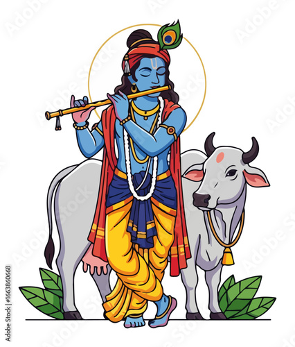 Hindu God Lord Krishna playing flute with a sacred cow vector illustration