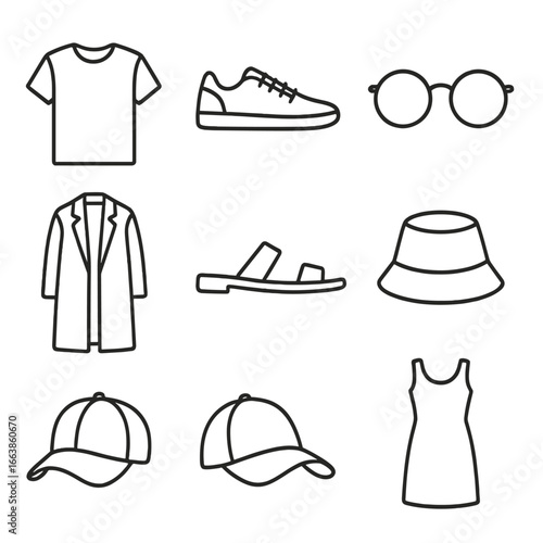 Minimalist Fashion Icons. Line style icons of minimalist fashion elements: plain t-shirt icon, low-top sneakers, smooth clutch bag