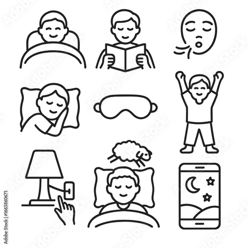 Peaceful Bedtime Icons. Line style icons of peaceful bedtime relaxation: person under blanket with smile, bedtime reading, slow