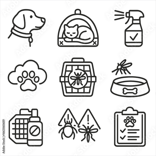 Pet Mosquito Safety Icons. Line style icons of pets and mosquito safety: dog with repellent collar, cat net bed, pet-friendly fog