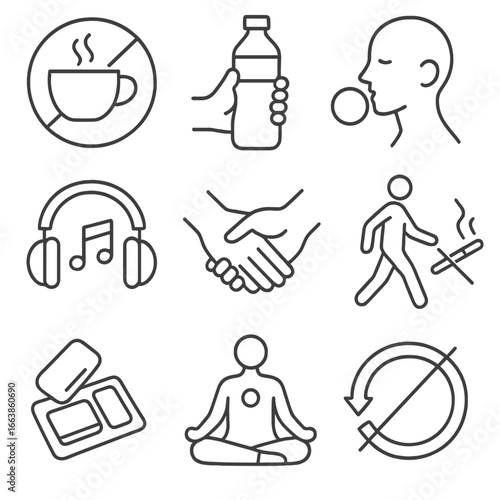 Healthy Habits Icons. Line style icons of habit replacement and support: tea instead of smoke icon, water bottle in hand,