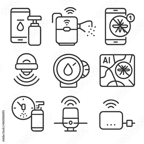 Smart Mosquito Prevention Icons. Line style icons of smart mosquito prevention tech: app-controlled spray device, smart fogger