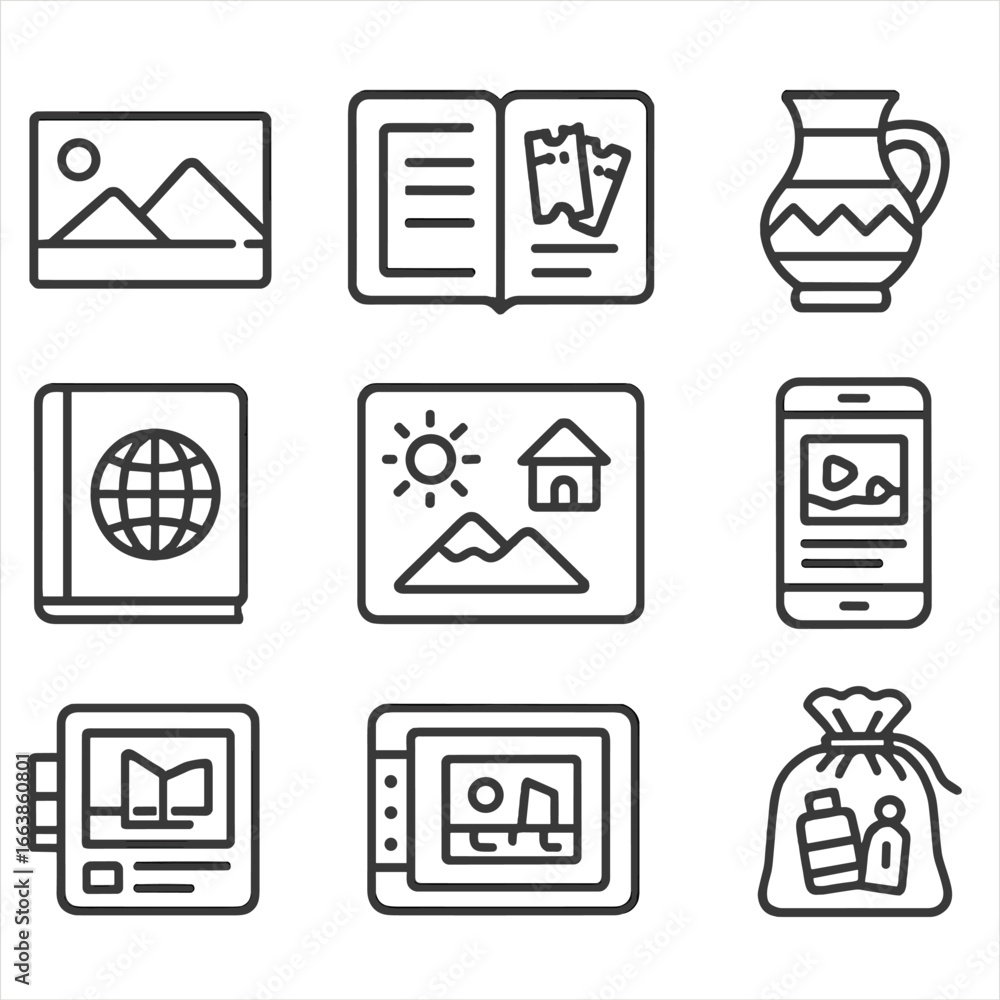 Travel Souvenir Icons. Line style icons of souvenirs and travel memory keeping: postcard with landscape, ticket stubs in journal,