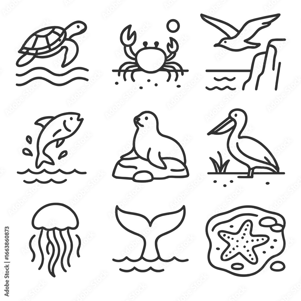 Obraz premium Coastal Wildlife Icons. Line style icons of island and coastal wildlife: sea turtle in waves, crab on beach, seabird flying over
