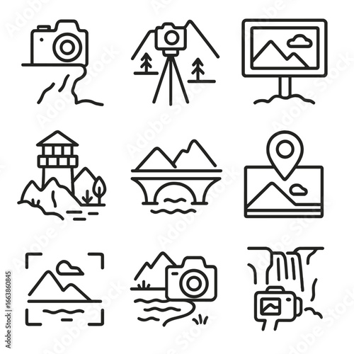 Scenic Iconography Design. Line style icons of scenic photo spots and viewpoints: camera on cliff edge, tripod in national park,