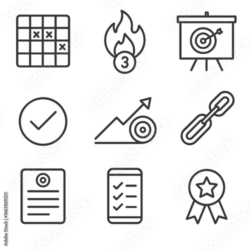 Habit Building Icons. Line style icons of habit building and goal tracking: habit tracker grid, streak counter flame, goal setting