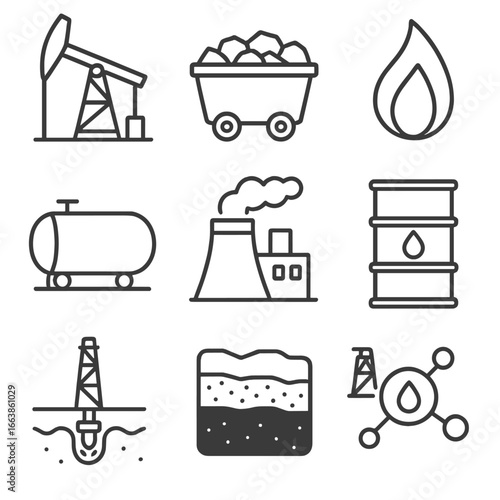 Fossil Fuel Icons. Line style icons of fossil fuels and extraction: oil rig icon, coal cart with rocks, natural gas flame symbol,