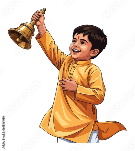 Happy Indian boy ringing temple bell cartoon vector