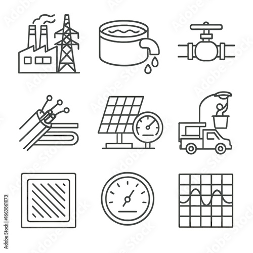 Utilities Icon Set. Line style icons of utilities and infrastructure services: power station icon, water treatment plant, gas line